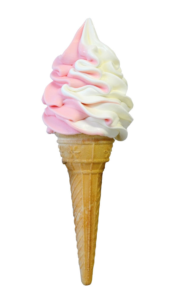 Strawberry and vanilla soft serve ice cream in cone isolated on a white background.